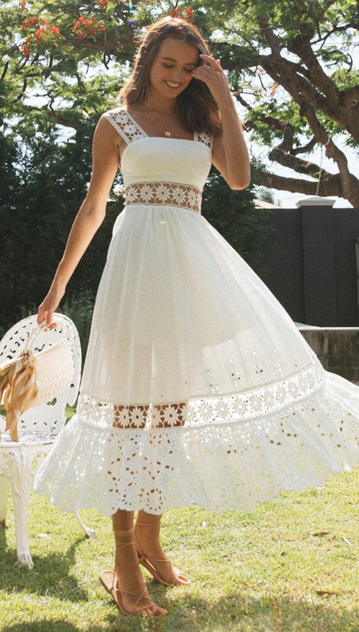 Yojoceli Sexy long women summer white lace dress Casual beach boho maxi dress Sweet sleeveless floral hollow out dress