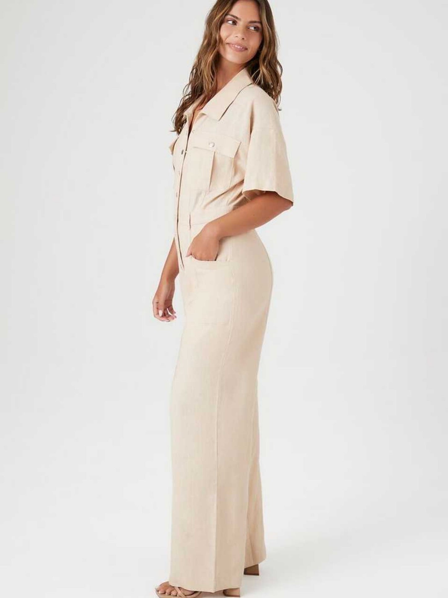 Flip Pocket Tencel Linen Jumpsuit For Women