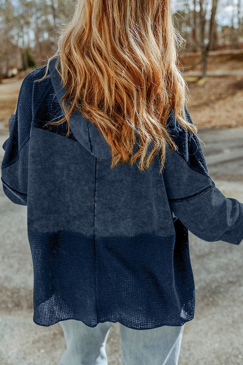 Fall Color-blocking Hooded Jacket European And American Retro Washed Drawstring Waffle Long Sleeve Coat