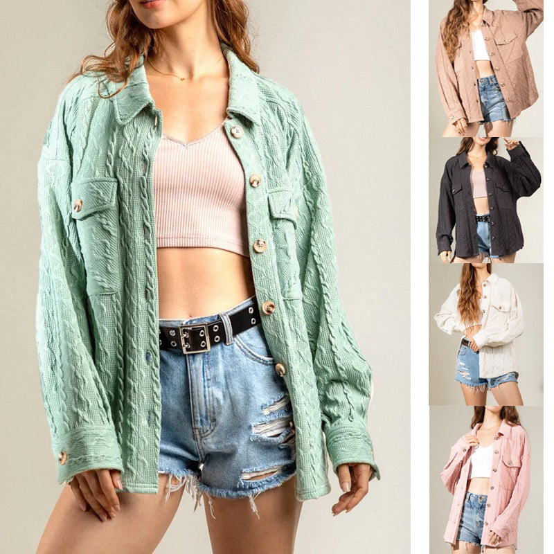 Women's Fashion Large Pocket Twist Knitted Shirt Coat
