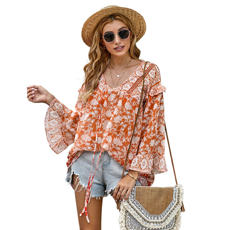 Summer New Bohemian Style Ruffled V-neck Flared Sleeve Top