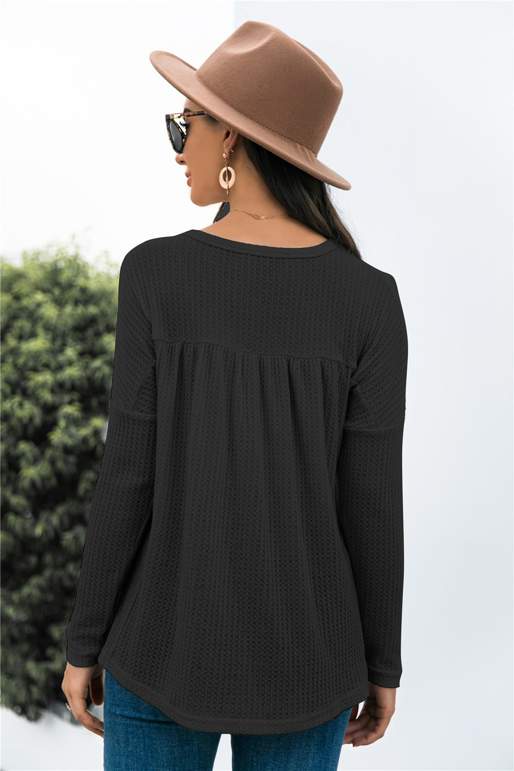 Women's Button Waffle Loose Long Sleeve Top
