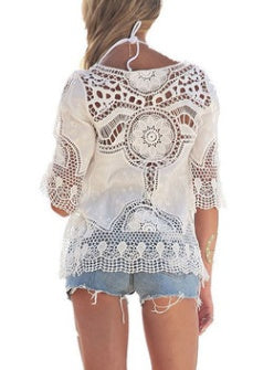 Jastie Bohemian Hollow Out Beach Cover Up Blouse Beach Shirt Women Crochet Lace Top Blusas mujer de moda Summer Shirt Tops