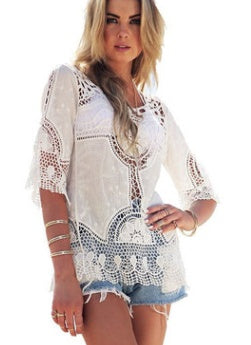Jastie Bohemian Hollow Out Beach Cover Up Blouse Beach Shirt Women Crochet Lace Top Blusas mujer de moda Summer Shirt Tops