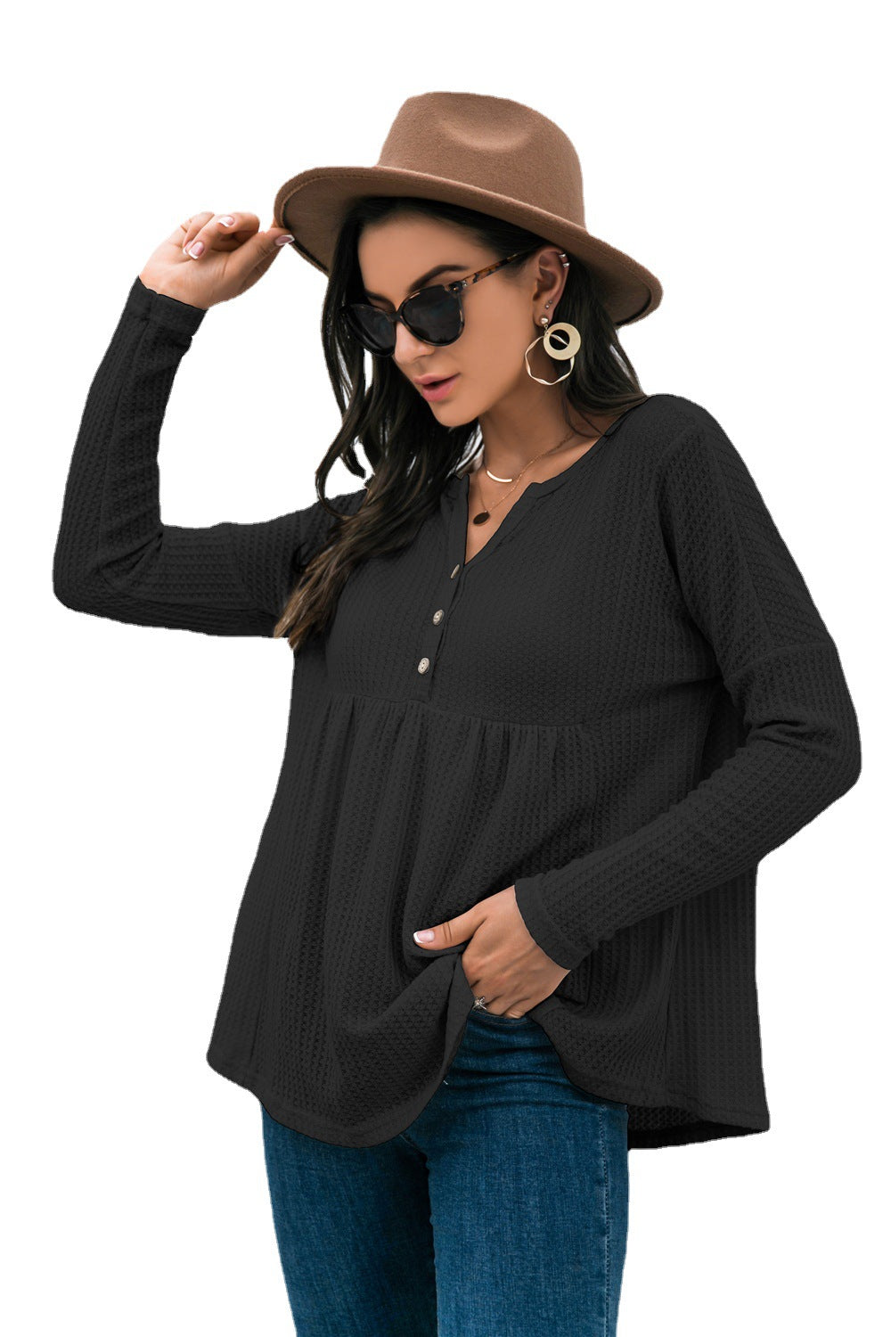 Women's Button Waffle Loose Long Sleeve Top