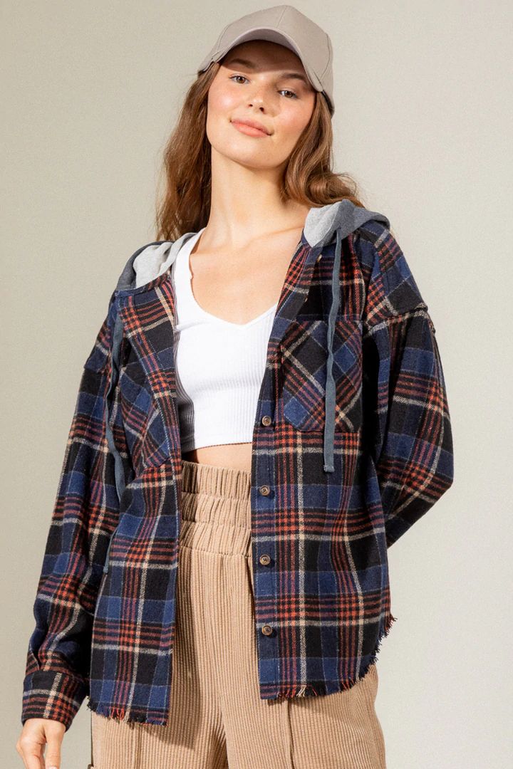 Women's Brushed Woolen Long-sleeved Hooded Shirt Plaid Coat