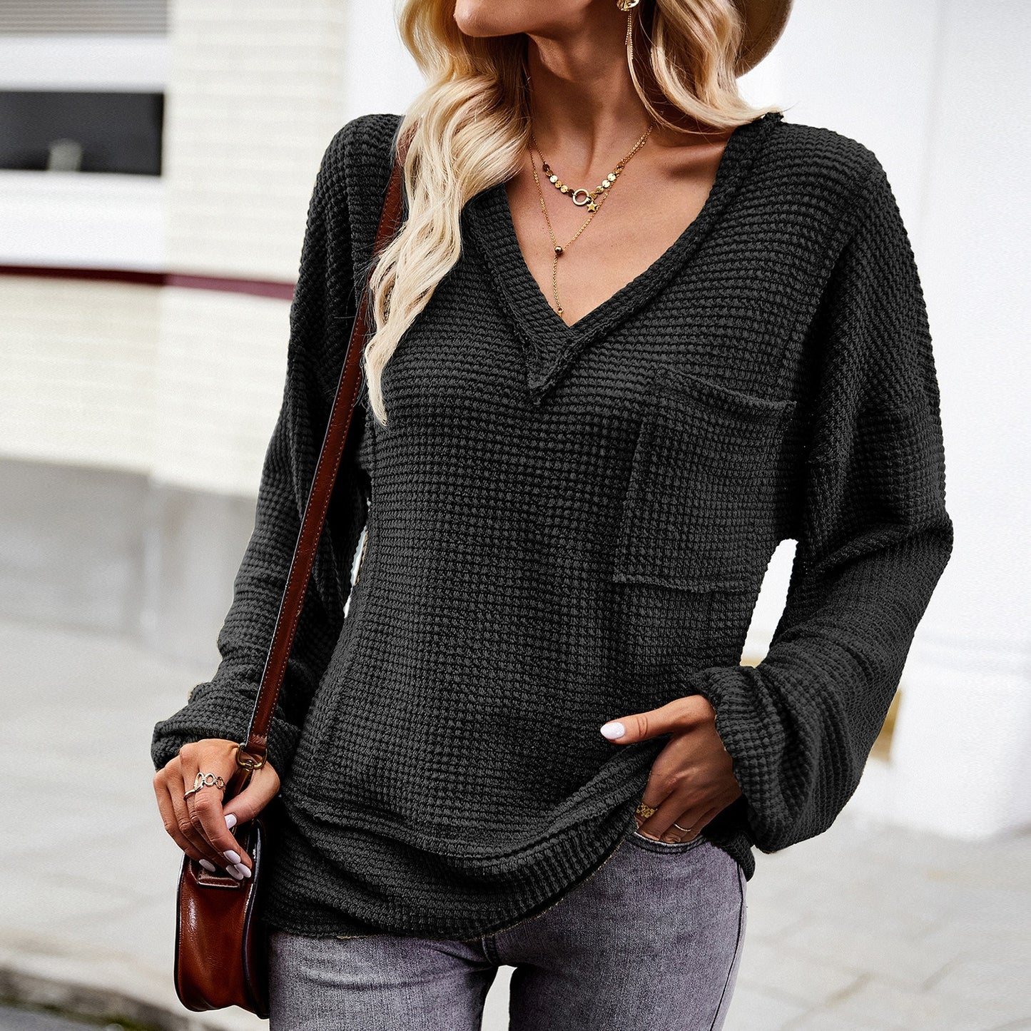 Solid color knitted shirt women's V-neck long sleeved top - Boho Roe