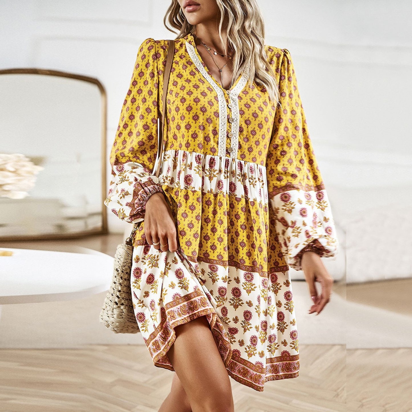 Women's Autumn Vacation Casual Bohemian Mid length Dress - Boho Roe