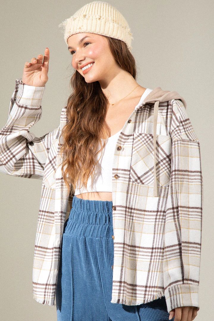 Women's Brushed Woolen Long-sleeved Hooded Shirt Plaid Coat