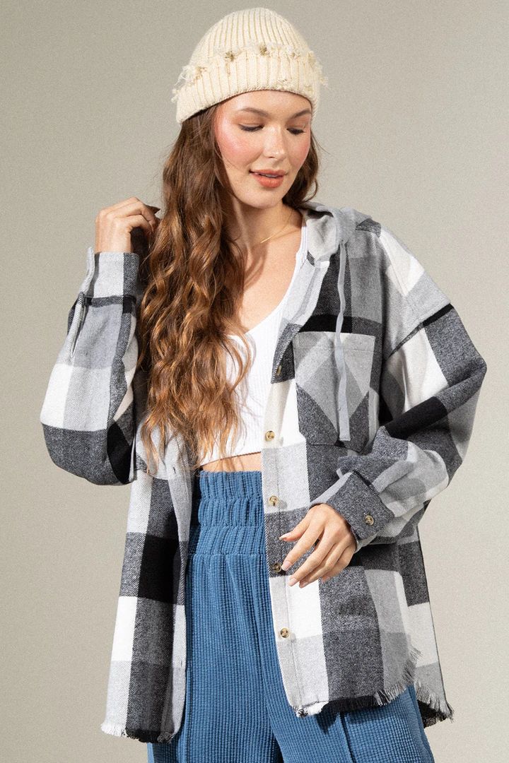 Women's Brushed Woolen Long-sleeved Hooded Shirt Plaid Coat