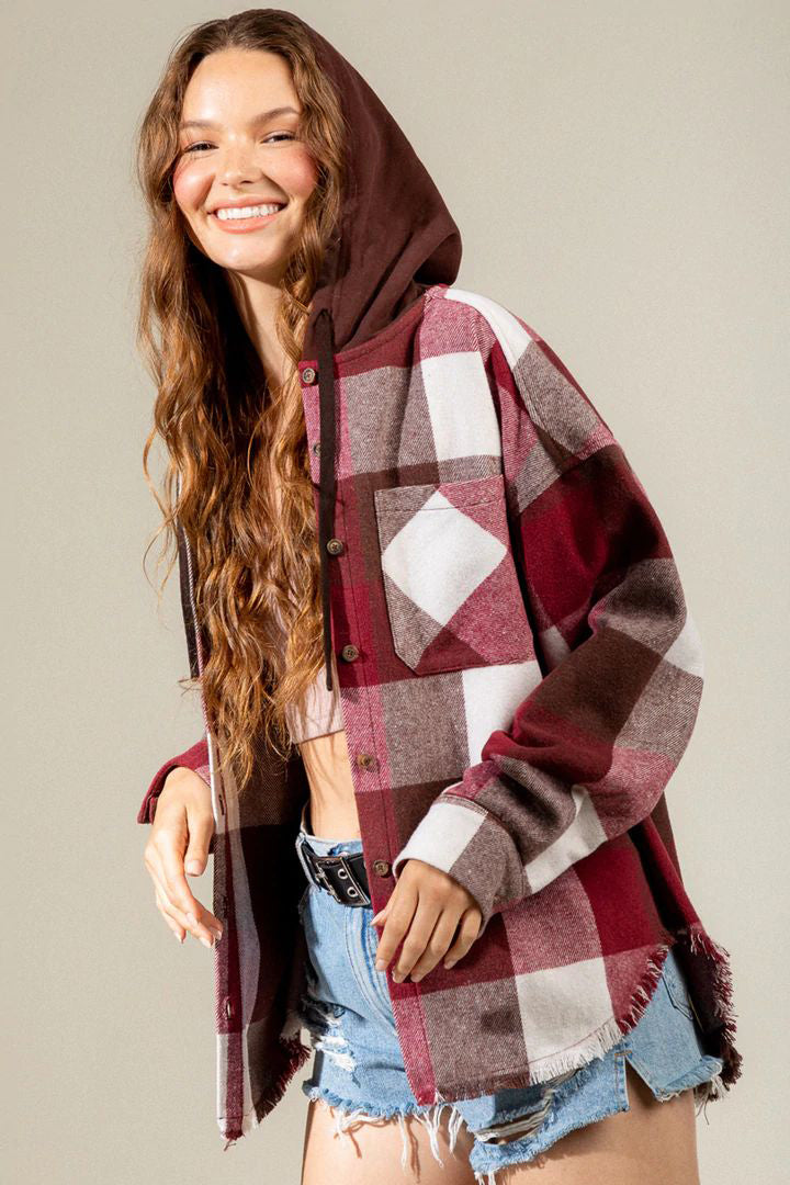 Women's Brushed Woolen Long-sleeved Hooded Shirt Plaid Coat