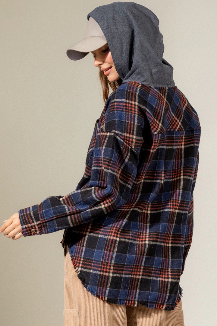 Women's Brushed Woolen Long-sleeved Hooded Shirt Plaid Coat