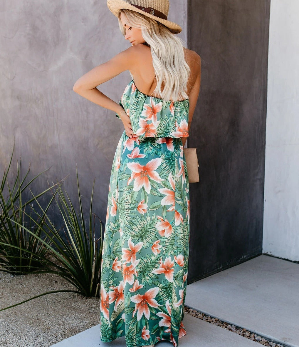 European and American New Tropical Rainforest Print Off Shoulder Lotus Leaf Edge Split Dress - Boho Roe