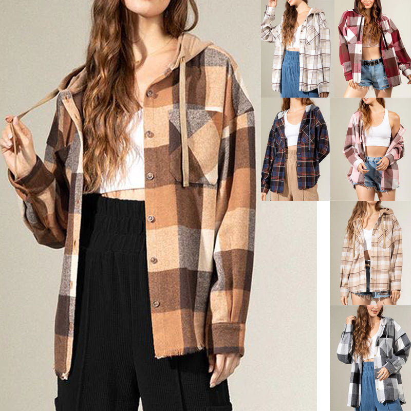 Women's Brushed Woolen Long-sleeved Hooded Shirt Plaid Coat