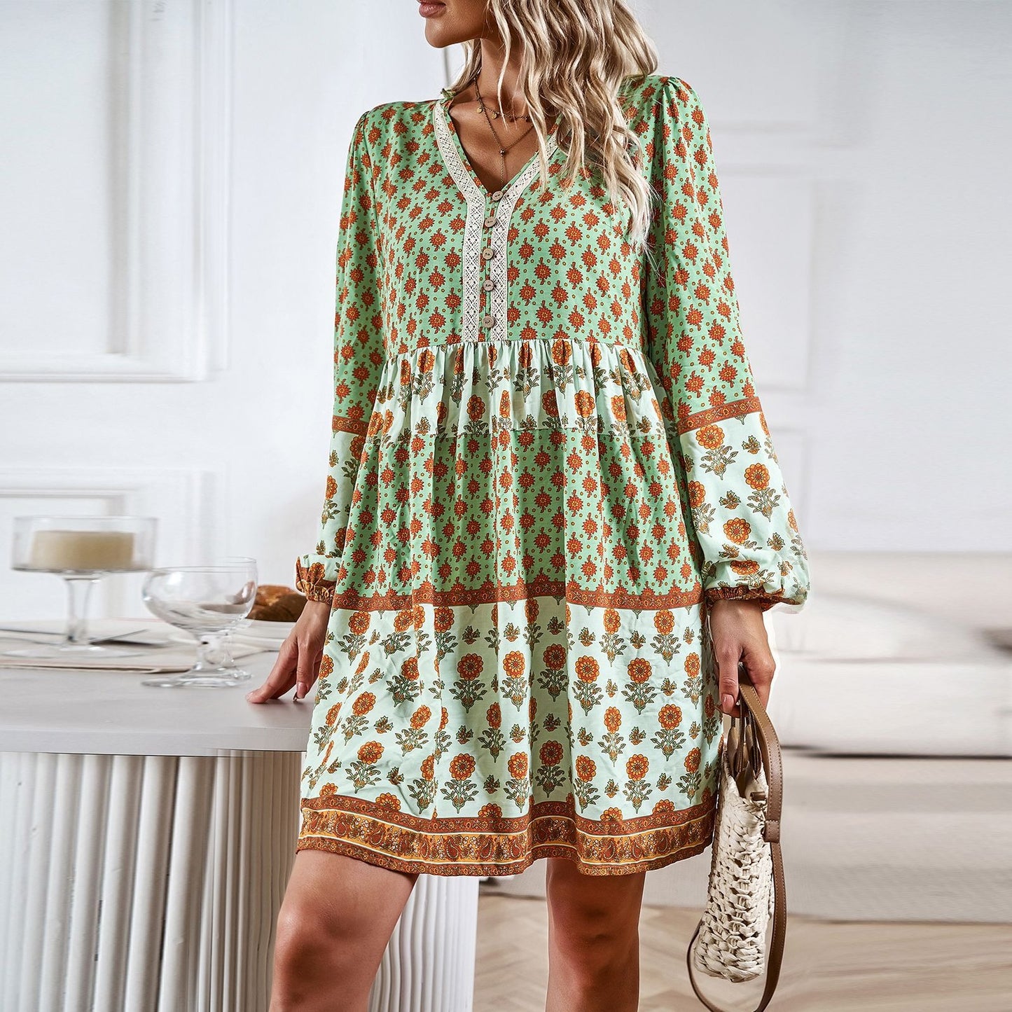 Women's Autumn Vacation Casual Bohemian Mid length Dress - Boho Roe