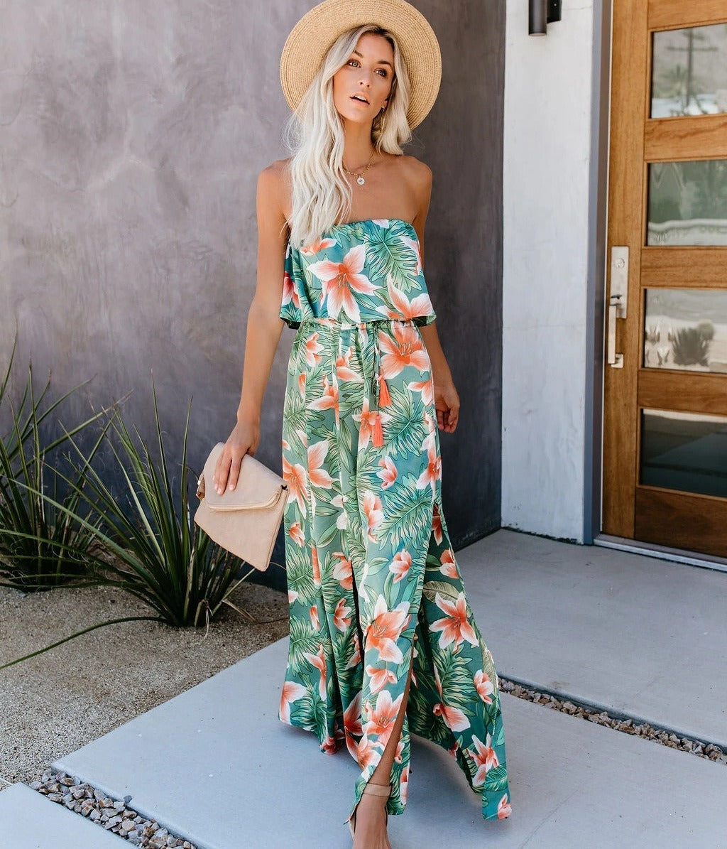 European and American New Tropical Rainforest Print Off Shoulder Lotus Leaf Edge Split Dress - Boho Roe