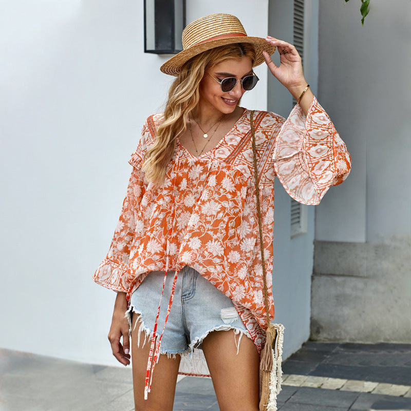 Summer New Bohemian Style Ruffled V-neck Flared Sleeve Top
