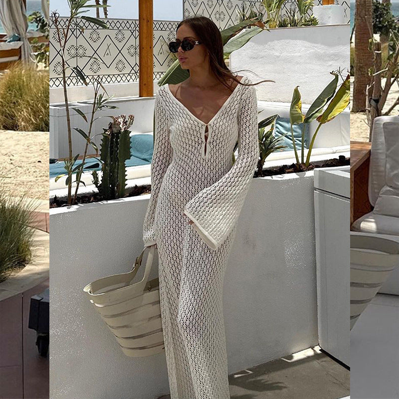Solid Color Knitted Hollow-out Beach Swimsuit Blouse Sun-proof Women's Skirt