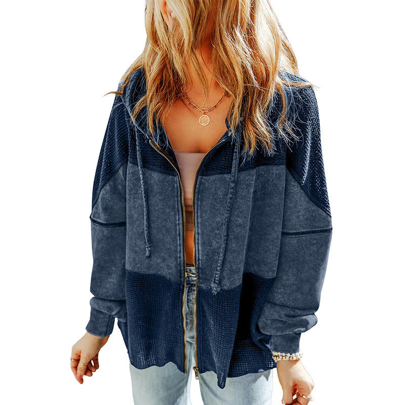 Fall Color-blocking Hooded Jacket European And American Retro Washed Drawstring Waffle Long Sleeve Coat