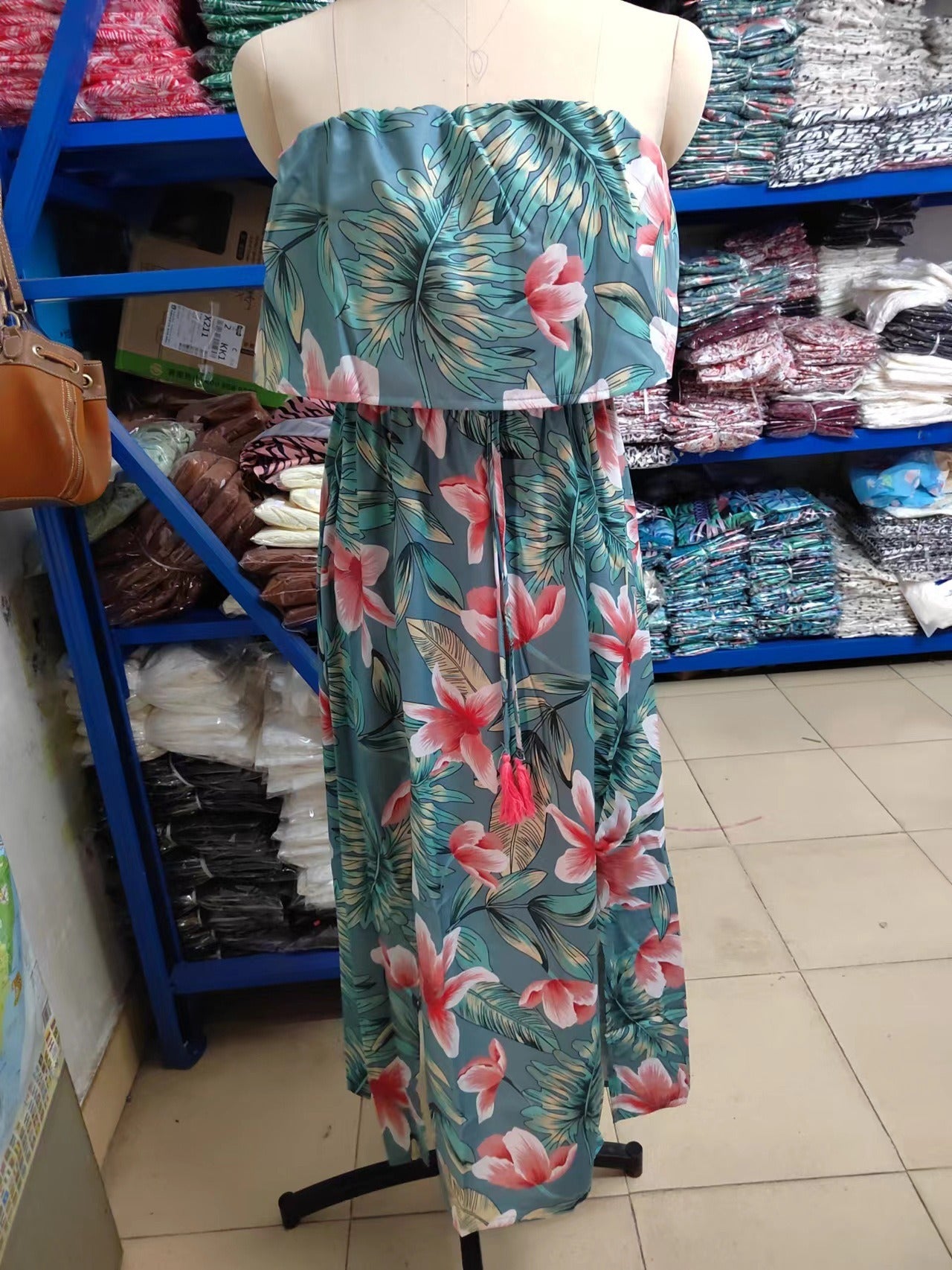 European and American New Tropical Rainforest Print Off Shoulder Lotus Leaf Edge Split Dress - Boho Roe