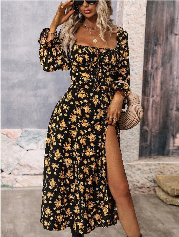 Flowers Printing Long Sleeve Dress Fashion Square-neck Bottom Slit Dresses Womens Clothing