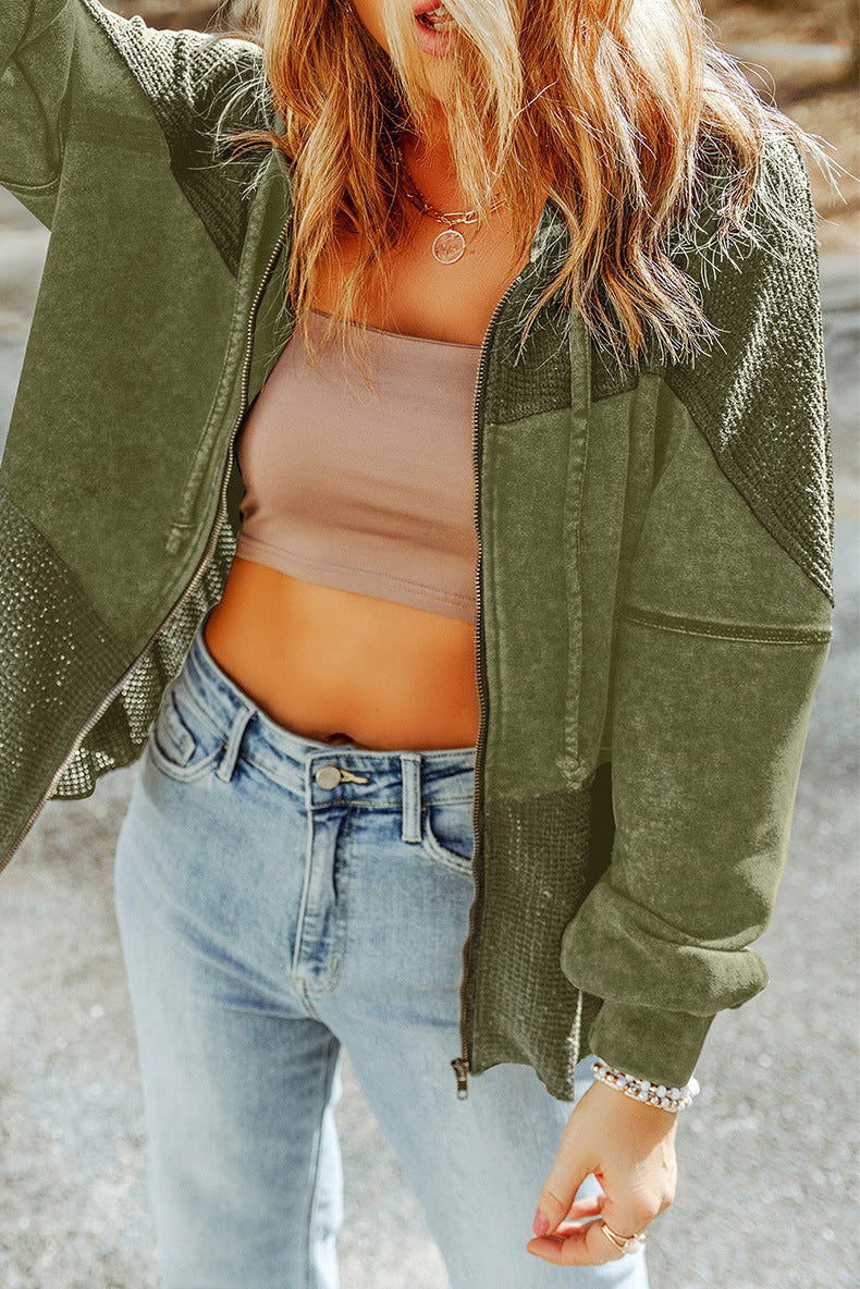 Fall Color-blocking Hooded Jacket European And American Retro Washed Drawstring Waffle Long Sleeve Coat