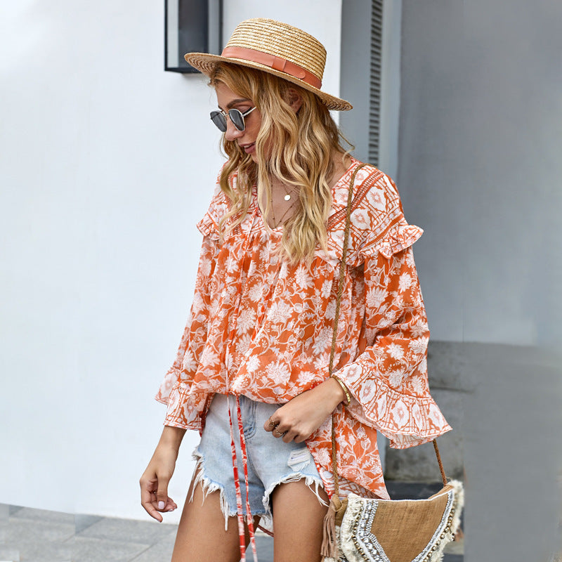Summer New Bohemian Style Ruffled V-neck Flared Sleeve Top