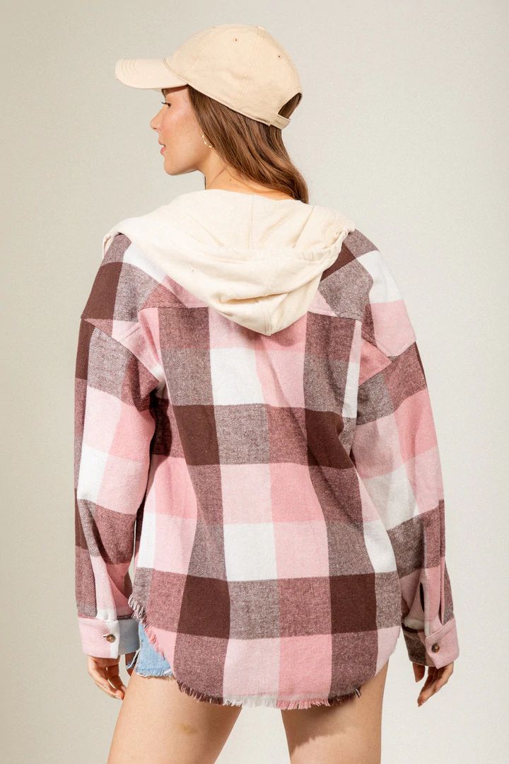 Women's Brushed Woolen Long-sleeved Hooded Shirt Plaid Coat