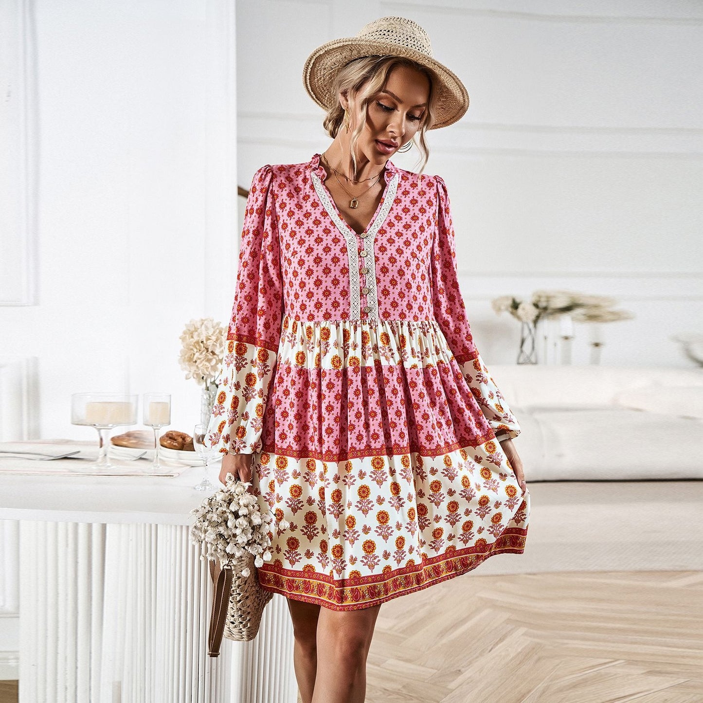 Women's Autumn Vacation Casual Bohemian Mid length Dress - Boho Roe