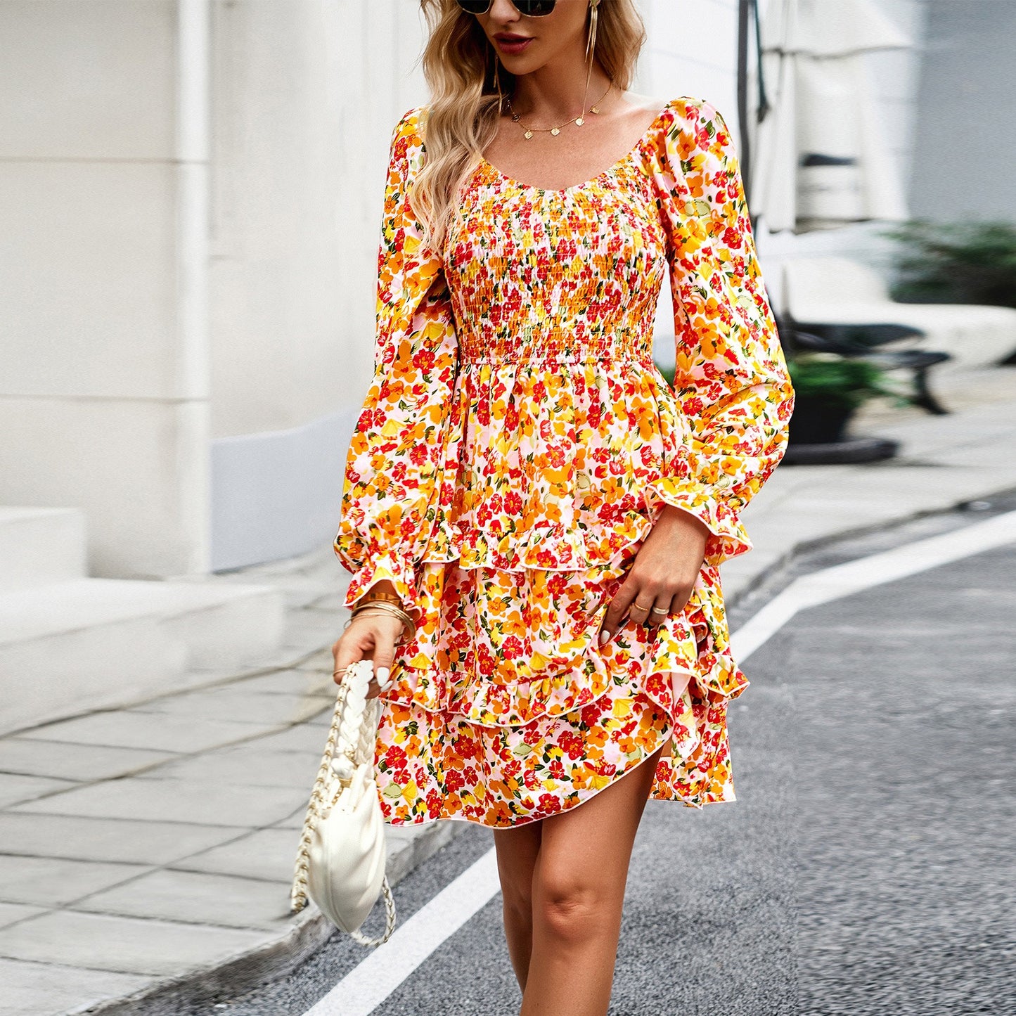 Dress Women's casual floral V-neck long sleeved skirt - Boho Roe