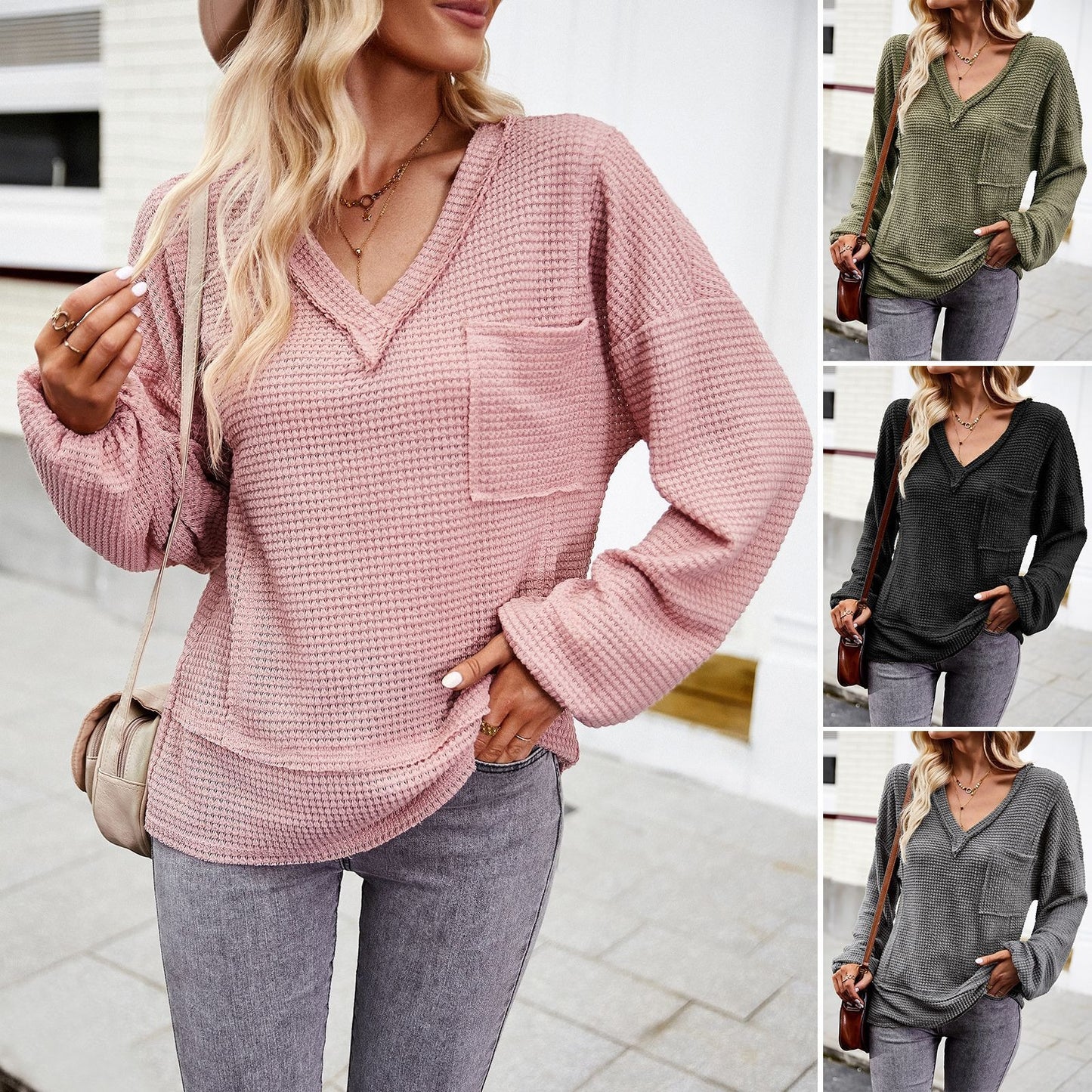 Solid color knitted shirt women's V-neck long sleeved top - Boho Roe