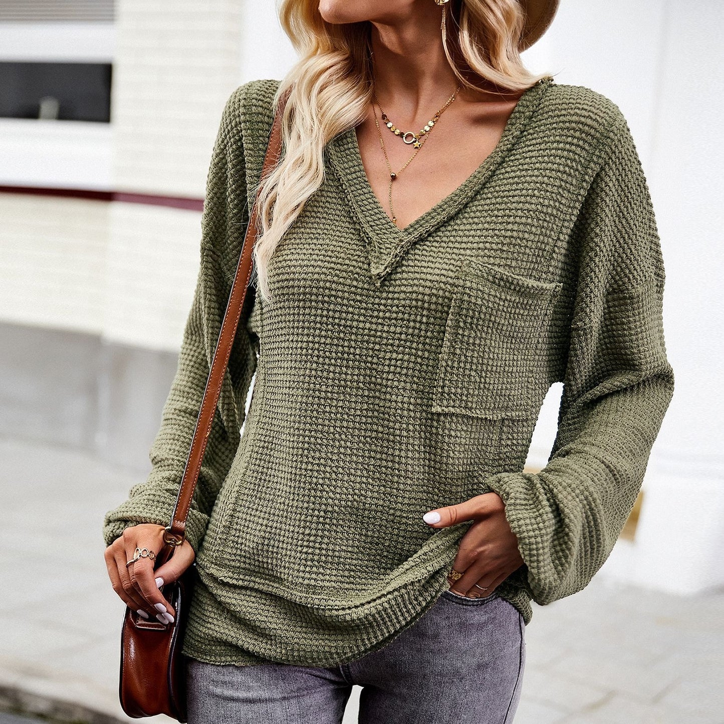 Solid color knitted shirt women's V-neck long sleeved top - Boho Roe