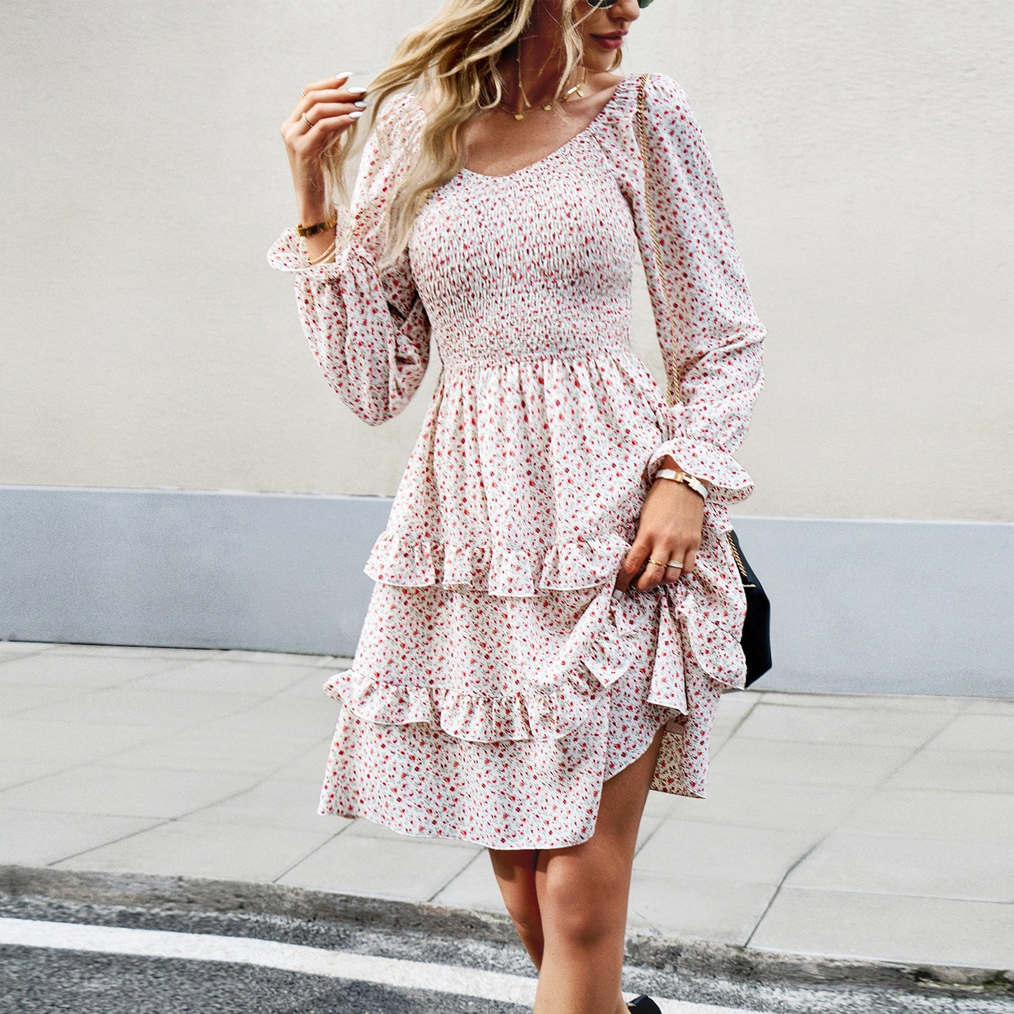Dress Women's casual floral V-neck long sleeved skirt - Boho Roe
