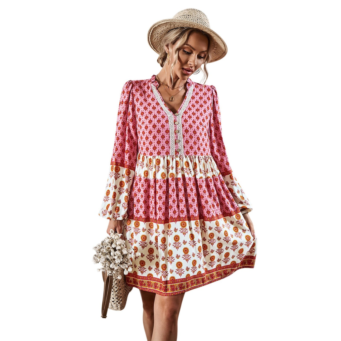 Women's Autumn Vacation Casual Bohemian Mid length Dress - Boho Roe