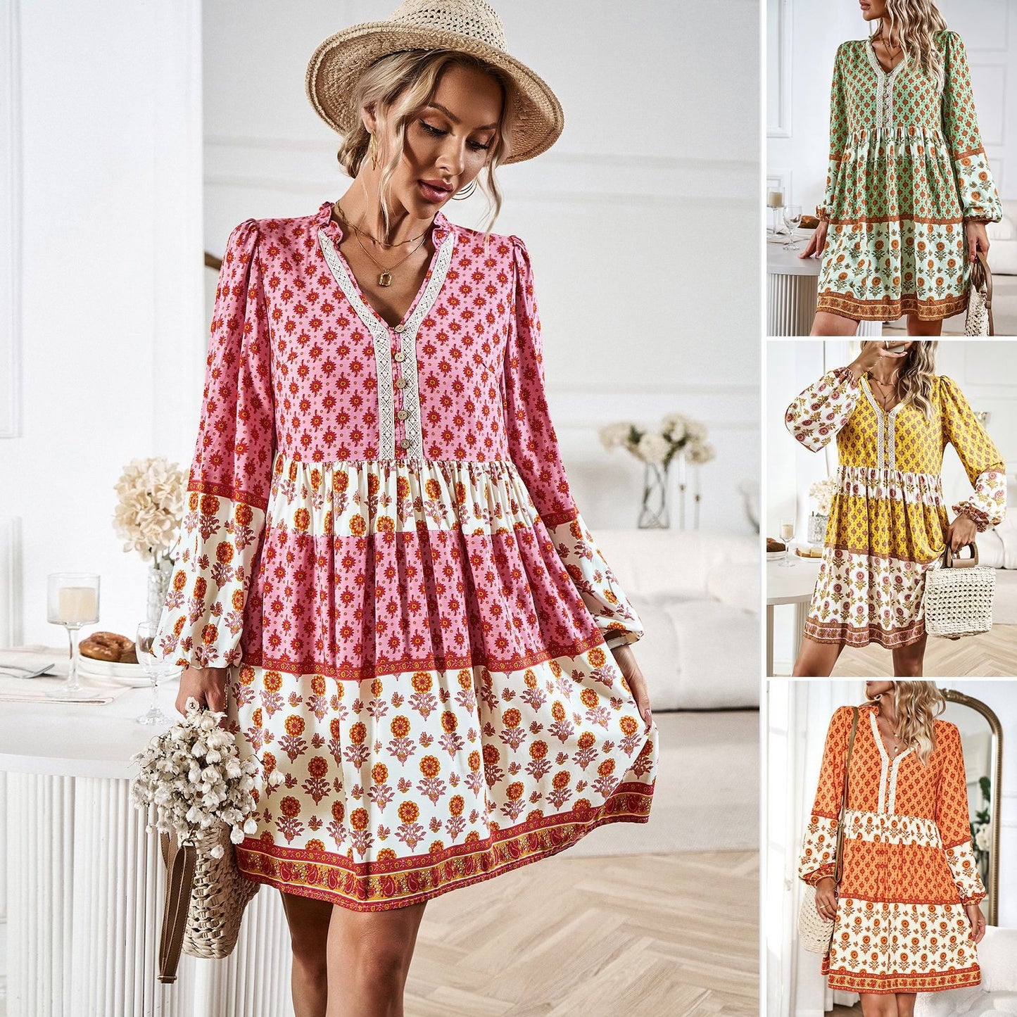 Women's Autumn Vacation Casual Bohemian Mid length Dress - Boho Roe