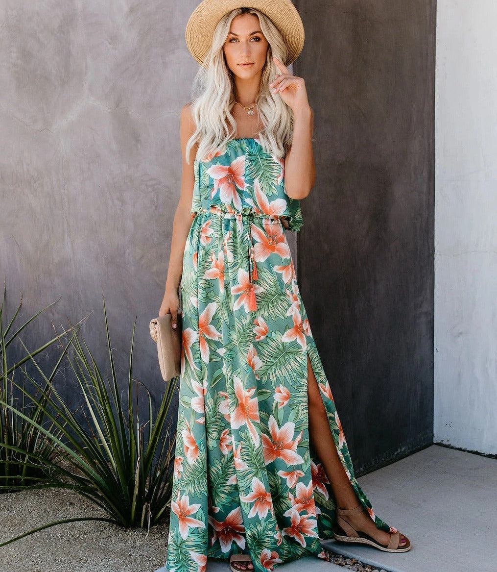 European and American New Tropical Rainforest Print Off Shoulder Lotus Leaf Edge Split Dress - Boho Roe