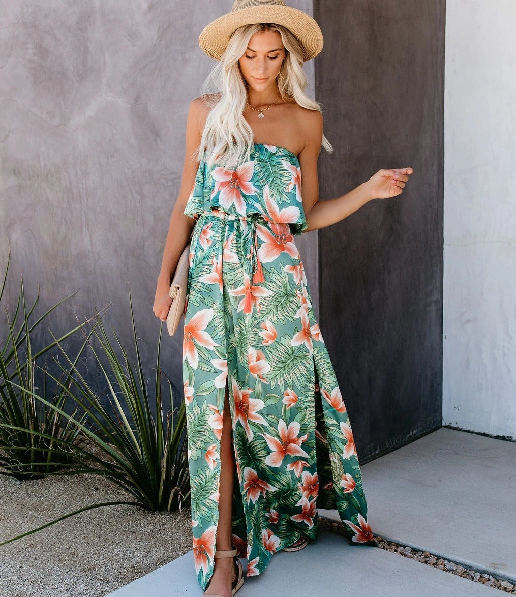 European and American New Tropical Rainforest Print Off Shoulder Lotus Leaf Edge Split Dress - Boho Roe