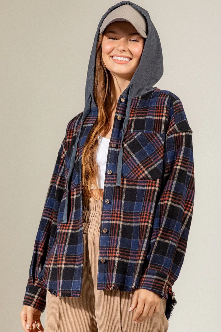 Women's Brushed Woolen Long-sleeved Hooded Shirt Plaid Coat