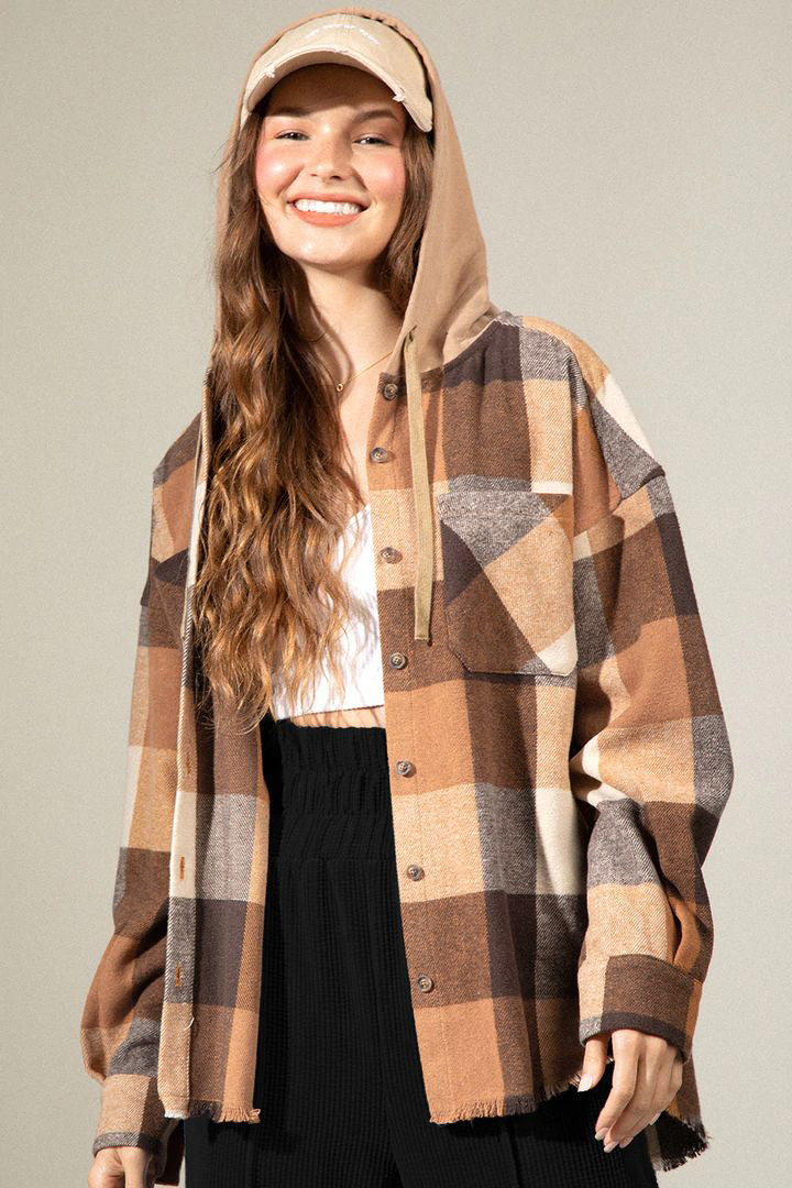Women's Brushed Woolen Long-sleeved Hooded Shirt Plaid Coat