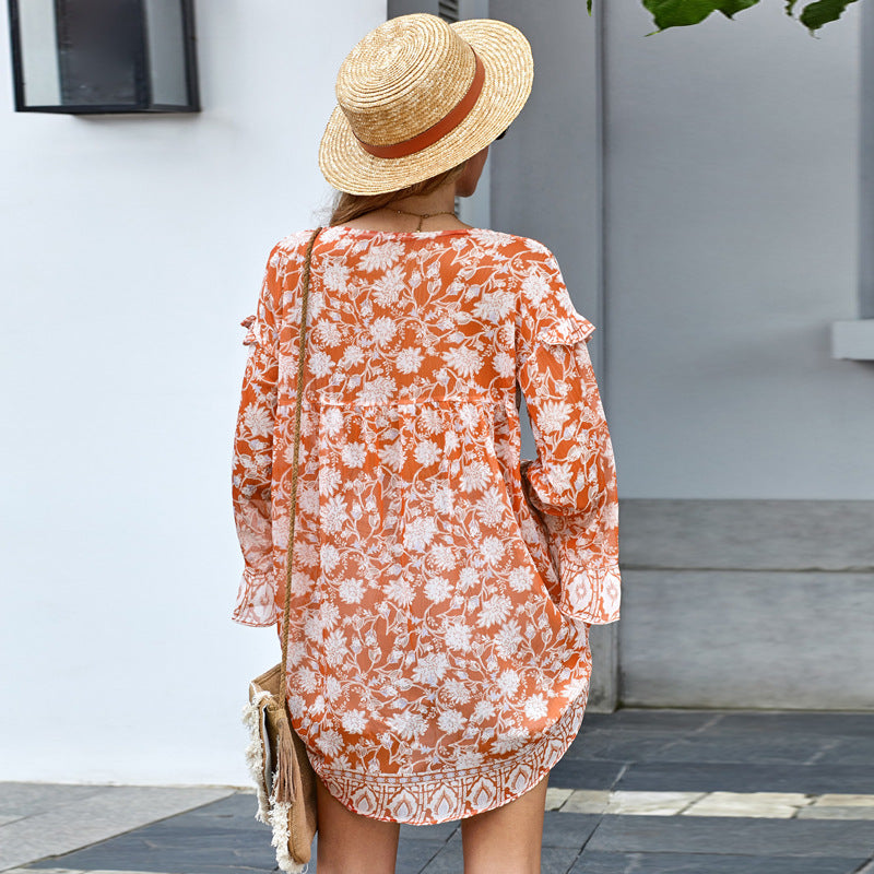 Summer New Bohemian Style Ruffled V-neck Flared Sleeve Top
