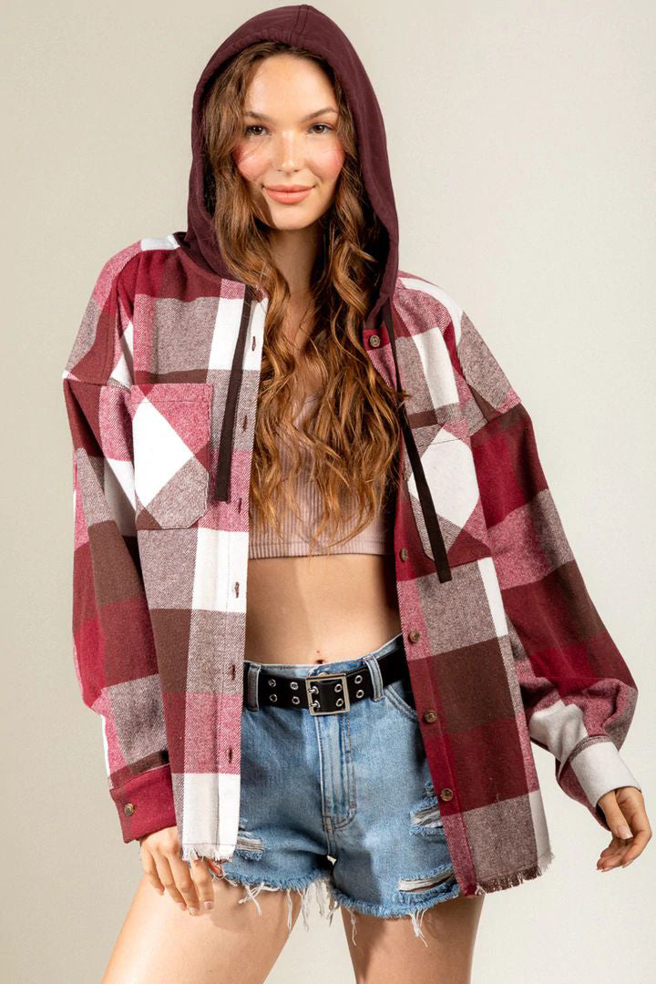 Women's Brushed Woolen Long-sleeved Hooded Shirt Plaid Coat