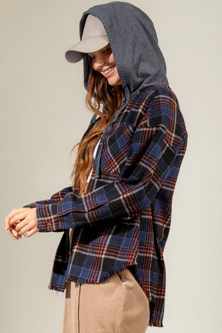 Women's Brushed Woolen Long-sleeved Hooded Shirt Plaid Coat
