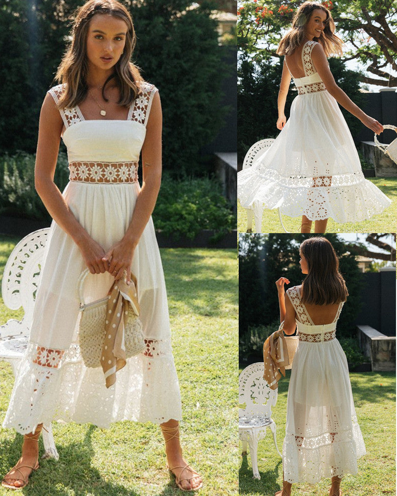 Yojoceli Sexy long women summer white lace dress Casual beach boho maxi dress Sweet sleeveless floral hollow out dress