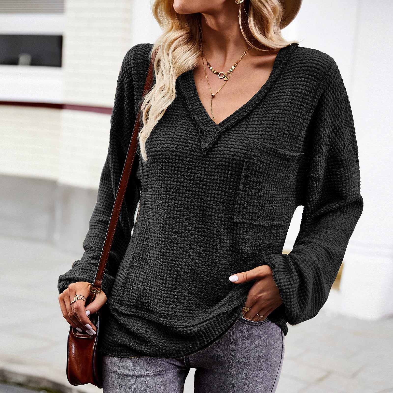 Solid color knitted shirt women's V-neck long sleeved top - Boho Roe