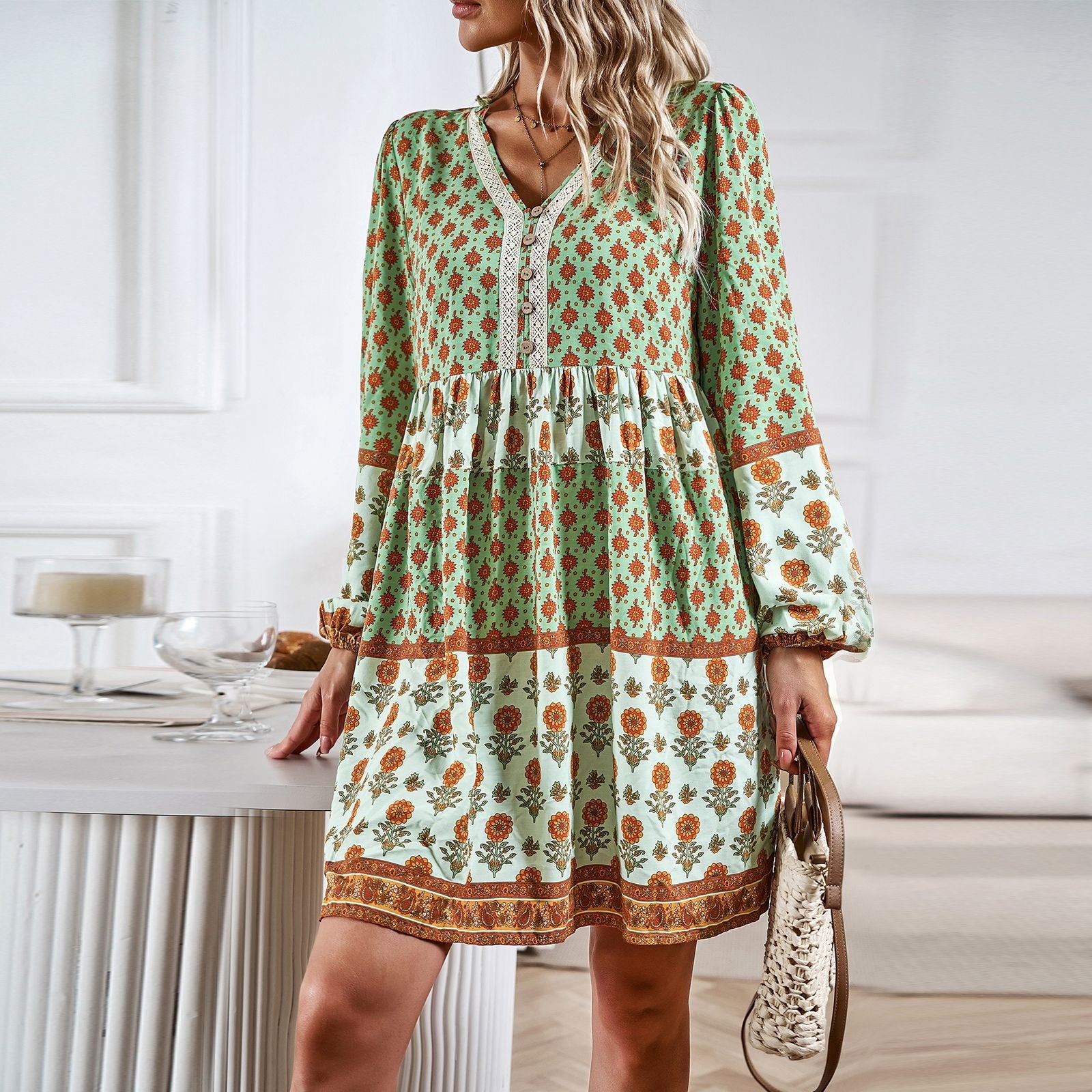 Women's Autumn Vacation Casual Bohemian Mid length Dress - Boho Roe