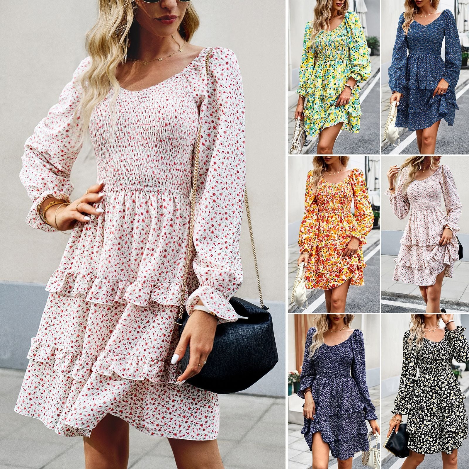 Dress Women's casual floral V-neck long sleeved skirt - Boho Roe
