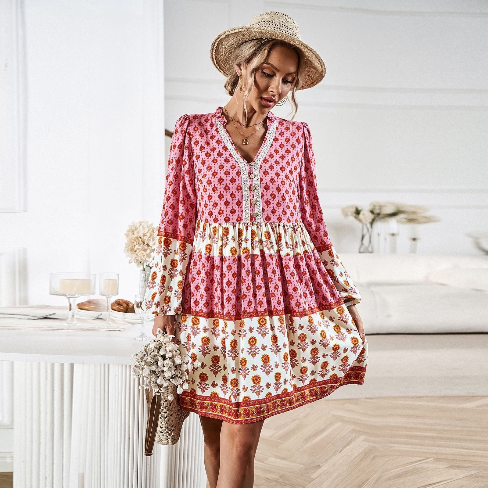 Women's Autumn Vacation Casual Bohemian Mid length Dress - Boho Roe